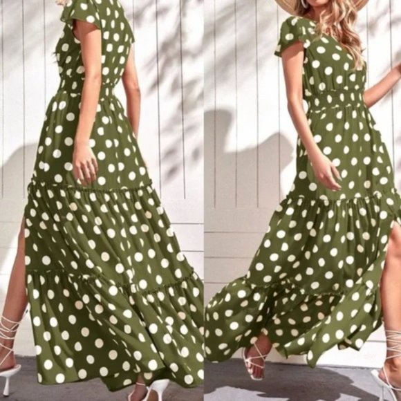 green polka dot print ruffle hem maxi dress - Picture 3 of 6